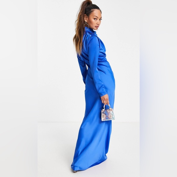 ASOS Design High Neck Drape Cowl Neck Bishop Sleeve Maxi Gown Blue Size 12 - Picture 2 of 7